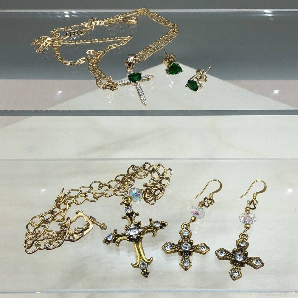Curated Bundle Retro Style Bejeweled Cross Jewelry Set Necklace And Earrings 20$